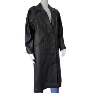 VTG Marco Morani Black Leather Trench Button Up Coat Suede Embellishments Size M